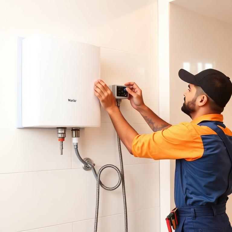 Technician installing and repairing an electric water geyser in a Hyderabad bathroom