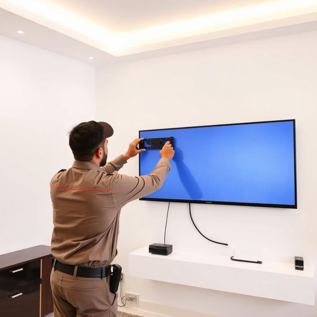 Technician mounting a large LED smart TV on a living room wall in a Hyderabad apartment
